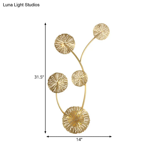 Brass Wall Mount Lamp Asian Style - 3/6/7 Heads Gold Finish Etched Lotus Leaf Sconce