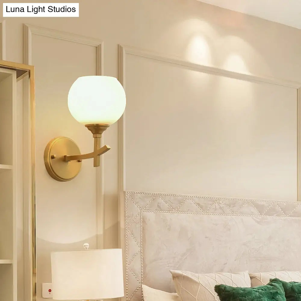 Brass Wall Mounted Armed Sconce Light With Opal Glass Shade - Modern Metal Lamp