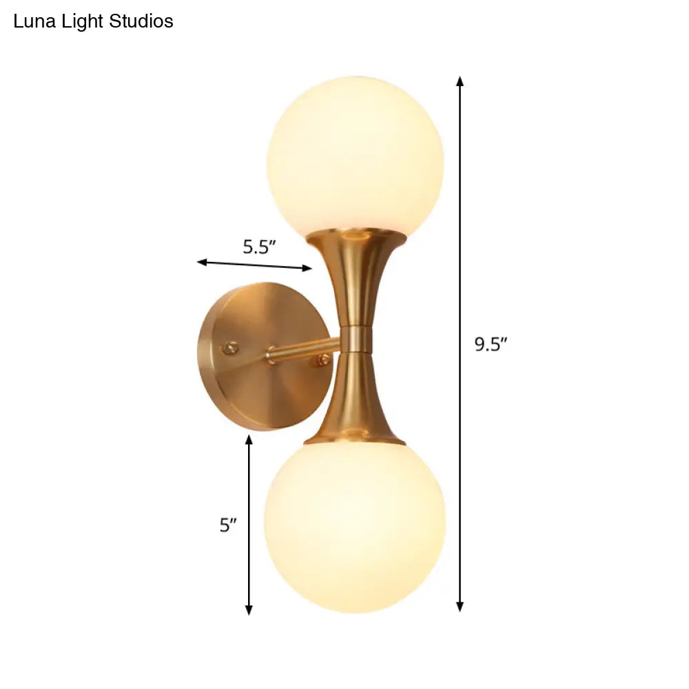 Brass Wall Mounted Bathroom Vanity Light With Orb Milky Glass Shade - Modernist Design Set Of 2