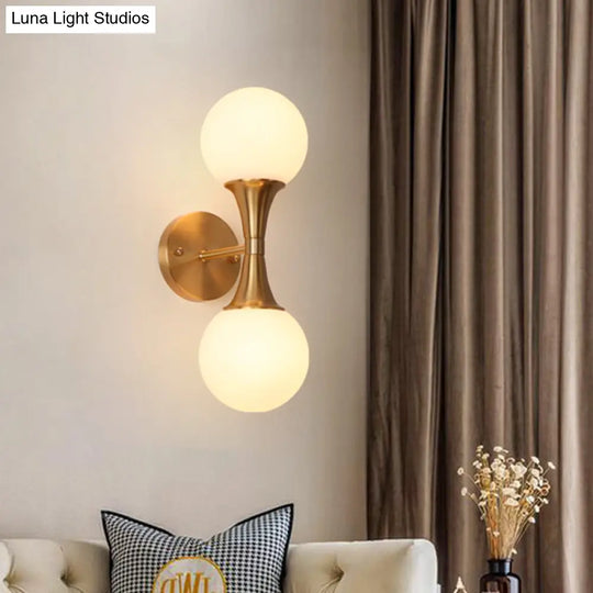 Brass Wall Mounted Bathroom Vanity Light With Orb Milky Glass Shade - Modernist Design Set Of 2