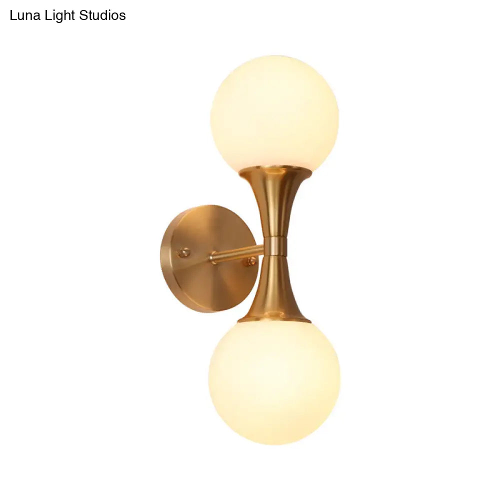 Brass Wall Mounted Bathroom Vanity Light With Orb Milky Glass Shade - Modernist Design Set Of 2