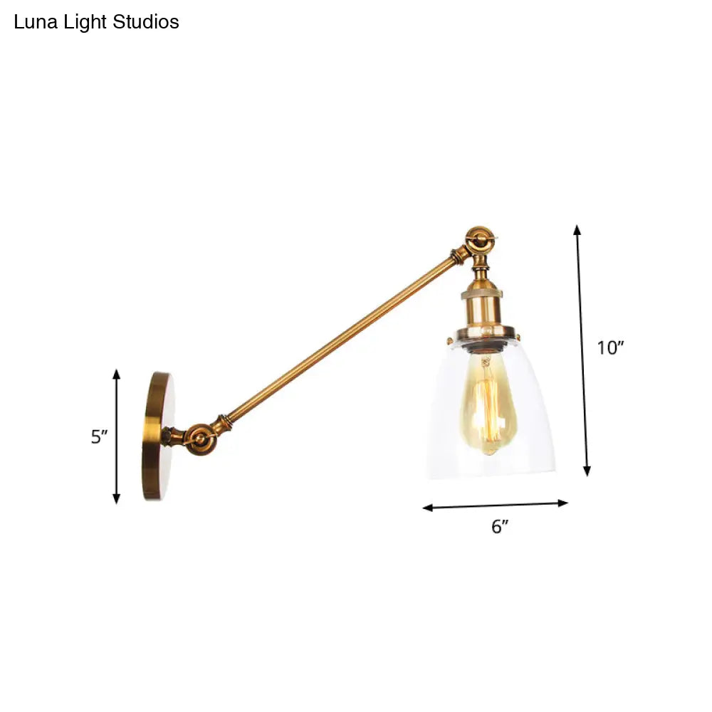 Brass Wall Mounted Clear Glass Sconce Light With Rotating Single-Bulb Saucer/Cone Design & Straight