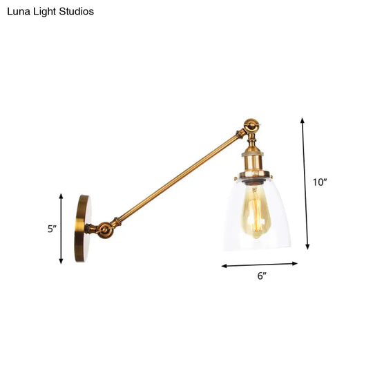 Brass Wall Mounted Clear Glass Sconce Light With Rotating Single-Bulb Saucer/Cone Design & Straight