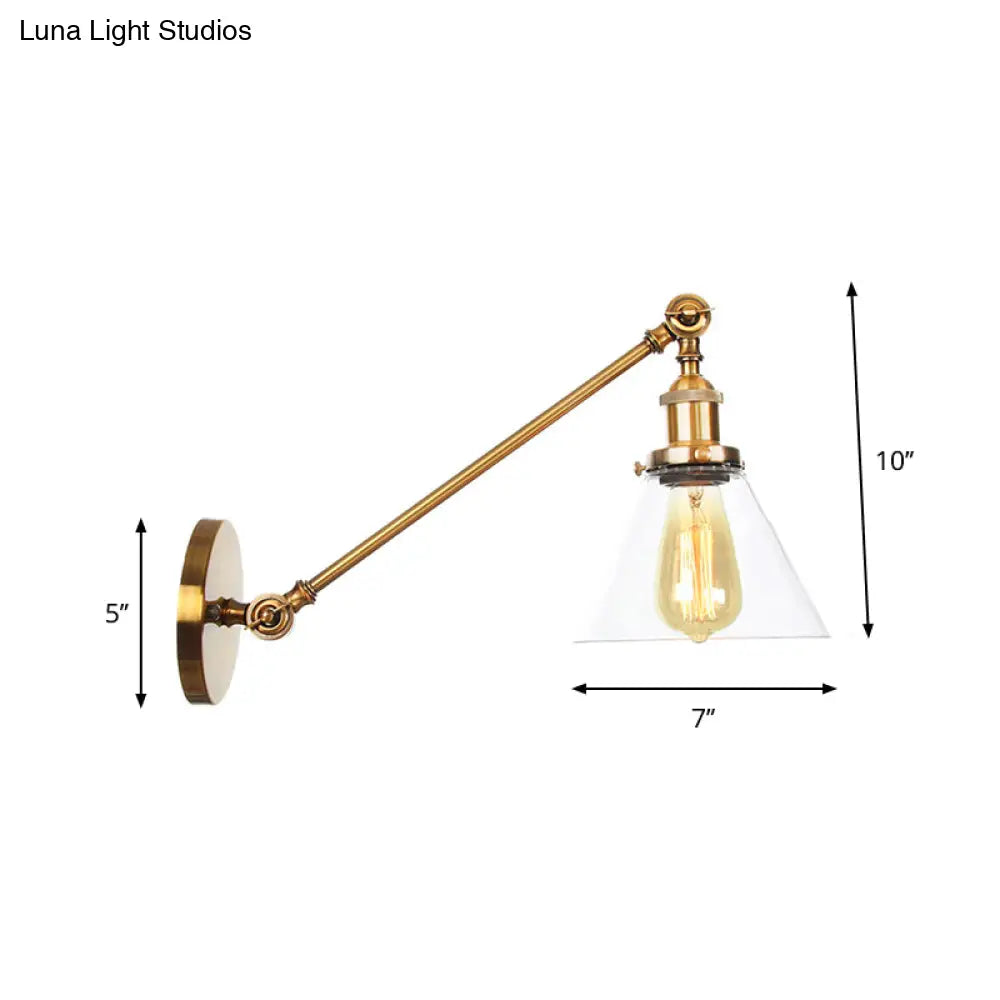 Brass Wall Mounted Clear Glass Sconce Light With Rotating Single-Bulb Saucer/Cone Design & Straight