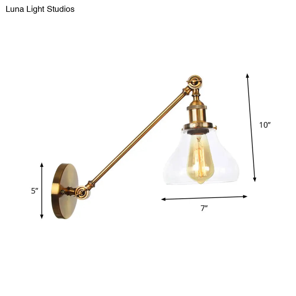 Brass Wall Mounted Clear Glass Sconce Light With Rotating Single-Bulb Saucer/Cone Design & Straight