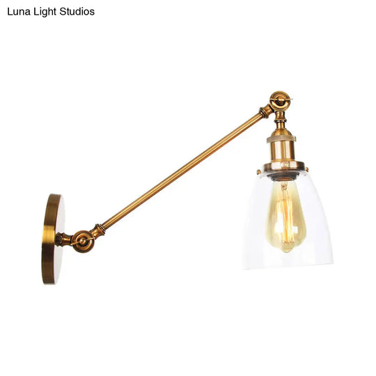 Brass Wall Mounted Clear Glass Sconce Light With Rotating Single-Bulb Saucer/Cone Design & Straight