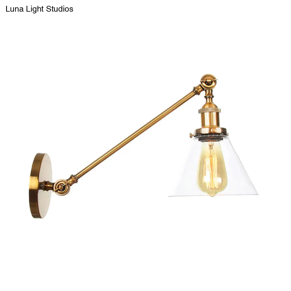 Brass Wall Mounted Clear Glass Sconce Light With Rotating Single-Bulb Saucer/Cone Design & Straight