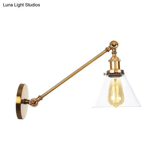 Brass Wall Mounted Clear Glass Sconce Light With Rotating Single-Bulb Saucer/Cone Design & Straight