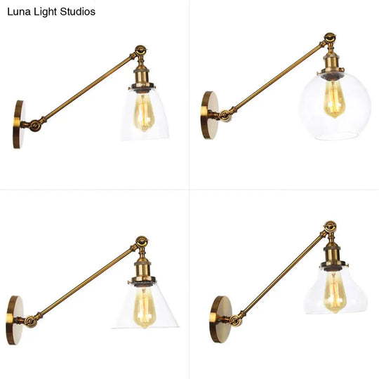 Brass Wall Mounted Clear Glass Sconce Light With Rotating Single-Bulb Saucer/Cone Design & Straight