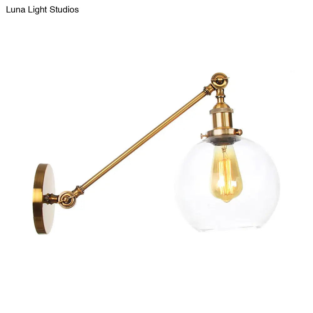 Brass Wall Mounted Clear Glass Sconce Light With Rotating Single-Bulb Saucer/Cone Design & Straight