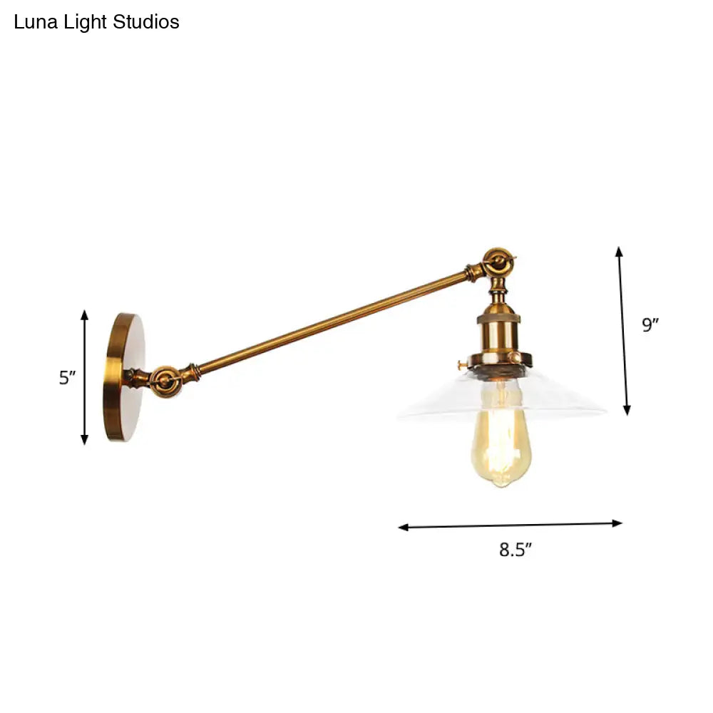 Brass Wall Mounted Clear Glass Sconce Light With Rotating Single-Bulb Saucer/Cone Design & Straight