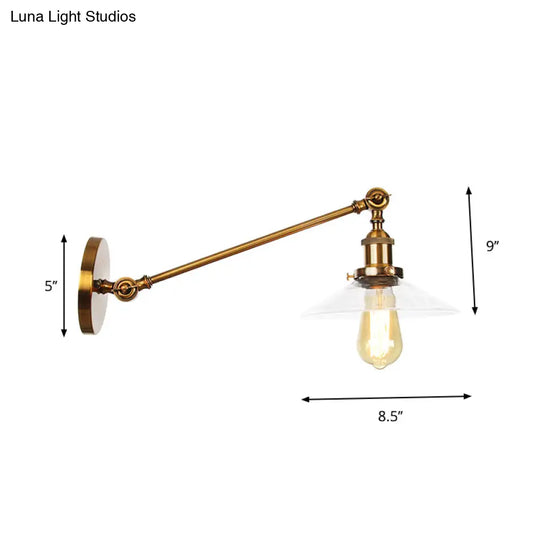 Brass Wall Mounted Clear Glass Sconce Light With Rotating Single-Bulb Saucer/Cone Design & Straight