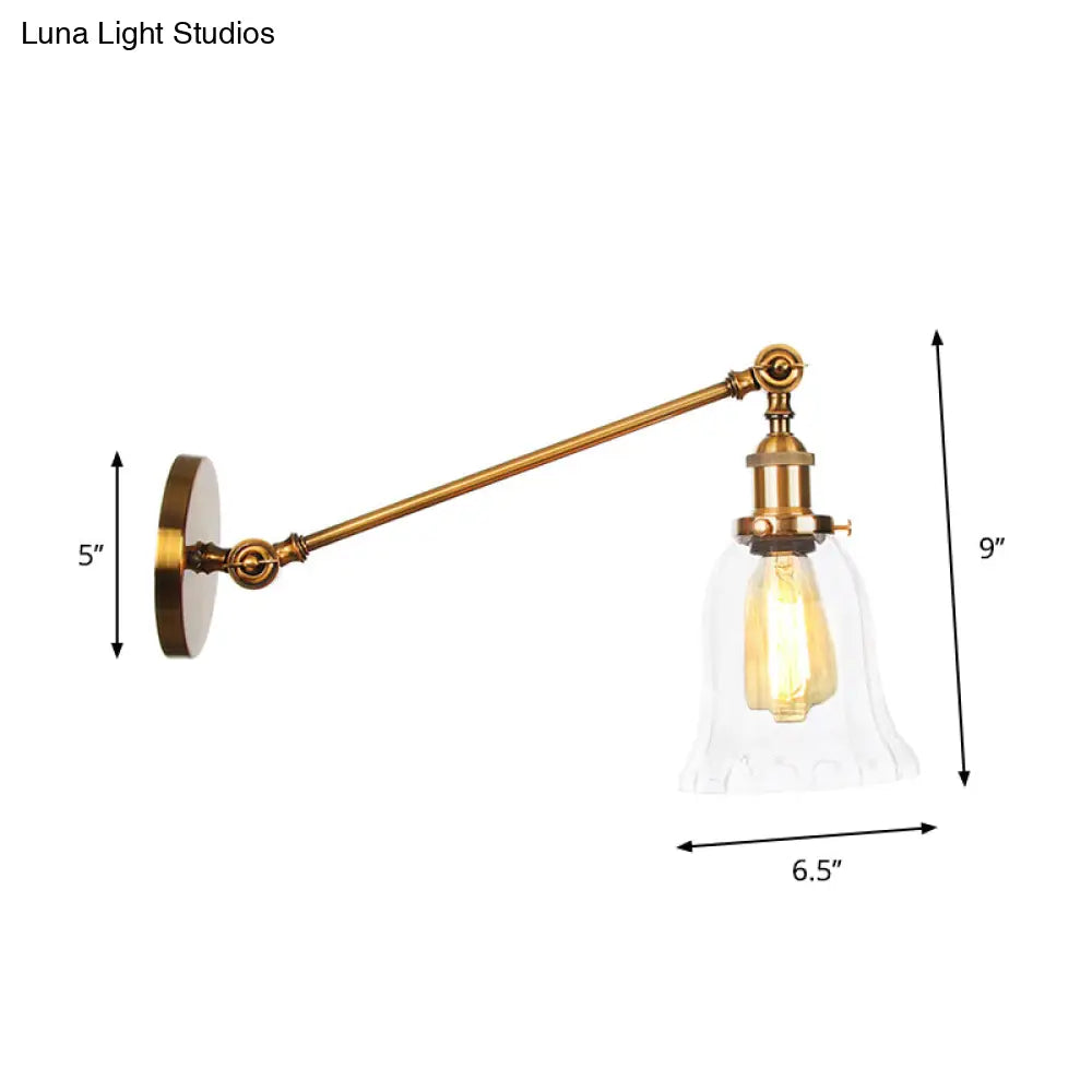 Brass Wall Mounted Clear Glass Sconce Light With Rotating Single-Bulb Saucer/Cone Design & Straight