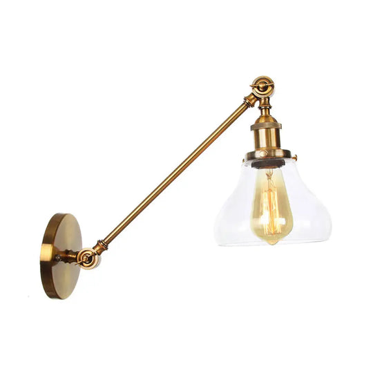 Brass Wall Mounted Clear Glass Sconce Light With Rotating Single-Bulb Saucer/Cone Design & Straight