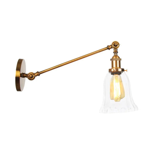 Brass Wall Mounted Clear Glass Sconce Light With Rotating Single-Bulb Saucer/Cone Design & Straight