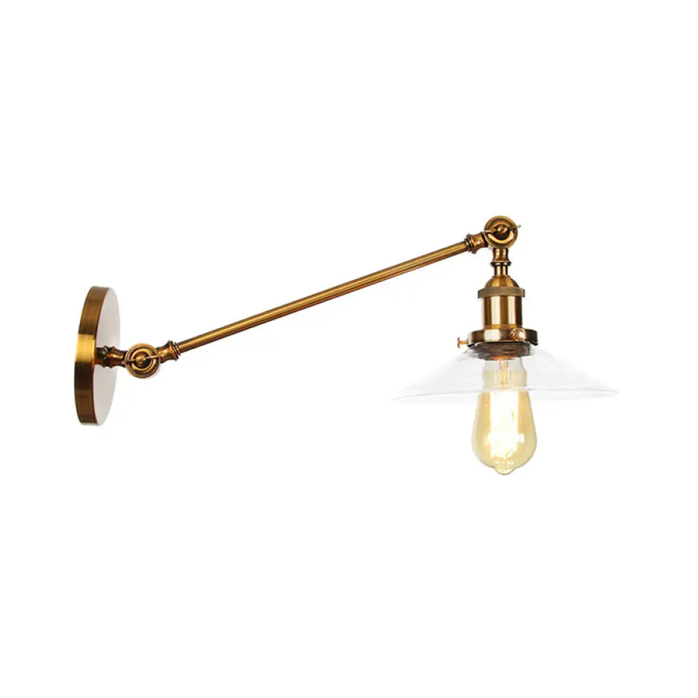 Brass Wall Mounted Clear Glass Sconce Light With Rotating Single-Bulb Saucer/Cone Design & Straight