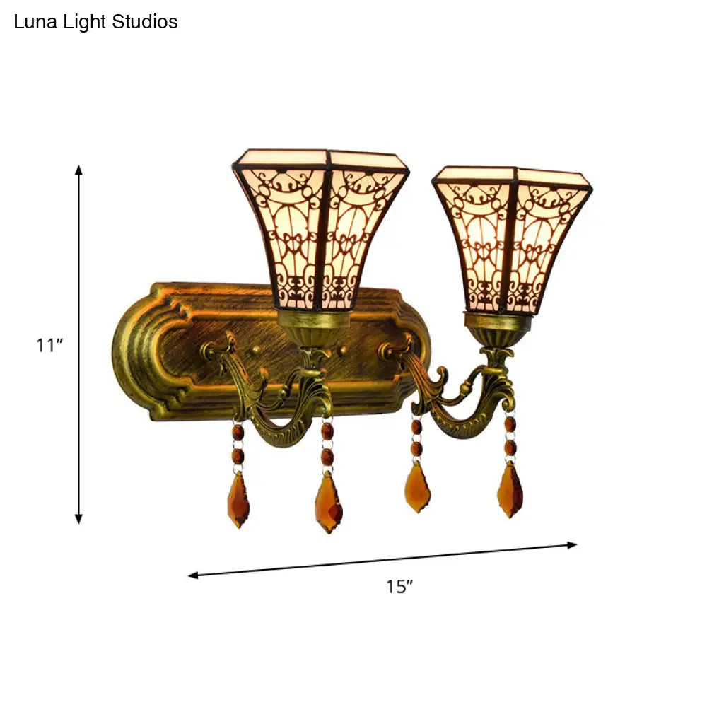 Brass Wall Mounted Lamp With Stained Glass Mission Design And Dual Bulbs