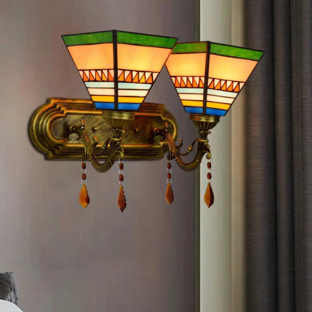 Brass Wall Mounted Lamp With Stained Glass Mission Design And Dual Bulbs / B