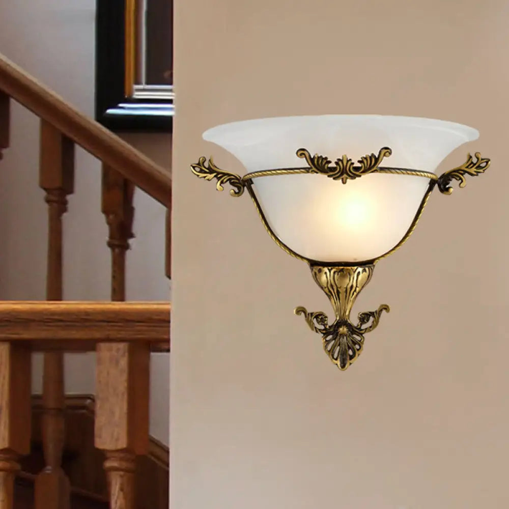 Brass Wall Sconce Lighting: Traditional Milky Glass Flush Mount For Living Room