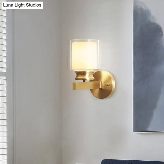 Brass Wall Sconce With Clear And White Glass - Modern Cylindrical Style For Bedroom