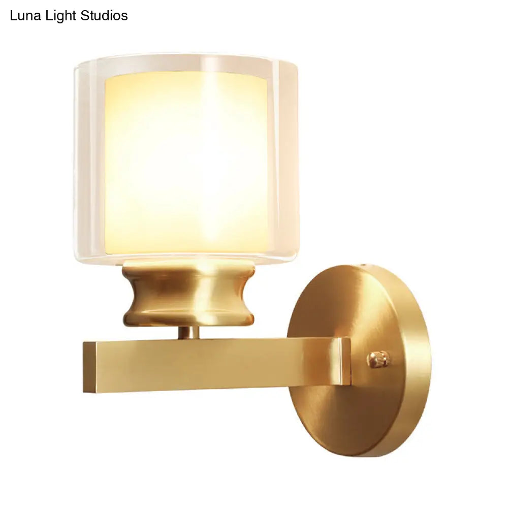 Brass Wall Sconce With Clear And White Glass - Modern Cylindrical Style For Bedroom