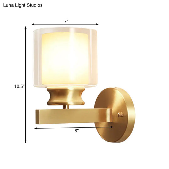 Brass Wall Sconce With Clear And White Glass - Modern Cylindrical Style For Bedroom