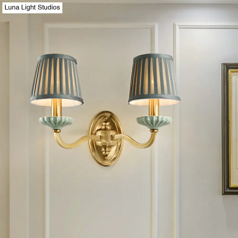 Brass Wall Sconce With Pleated Lampshade - Elegant Fabric Design For Dining Room