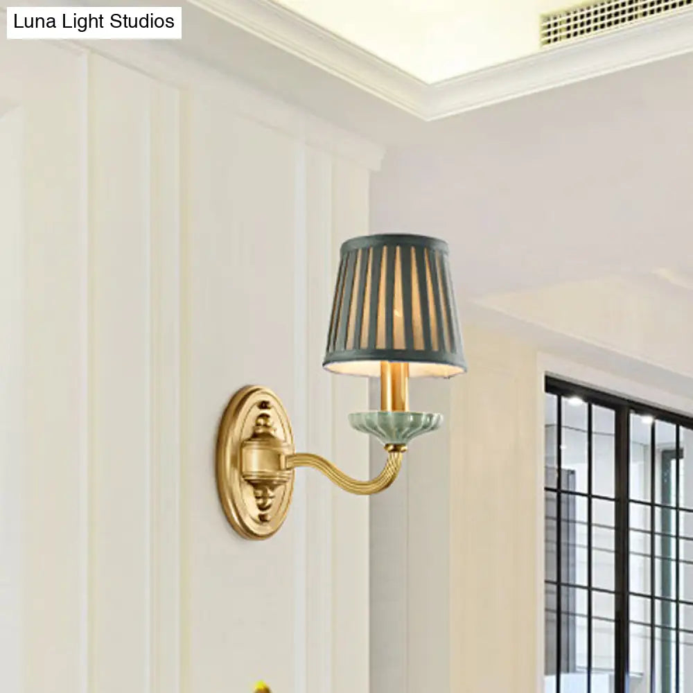 Brass Wall Sconce With Pleated Lampshade - Elegant Fabric Design For Dining Room