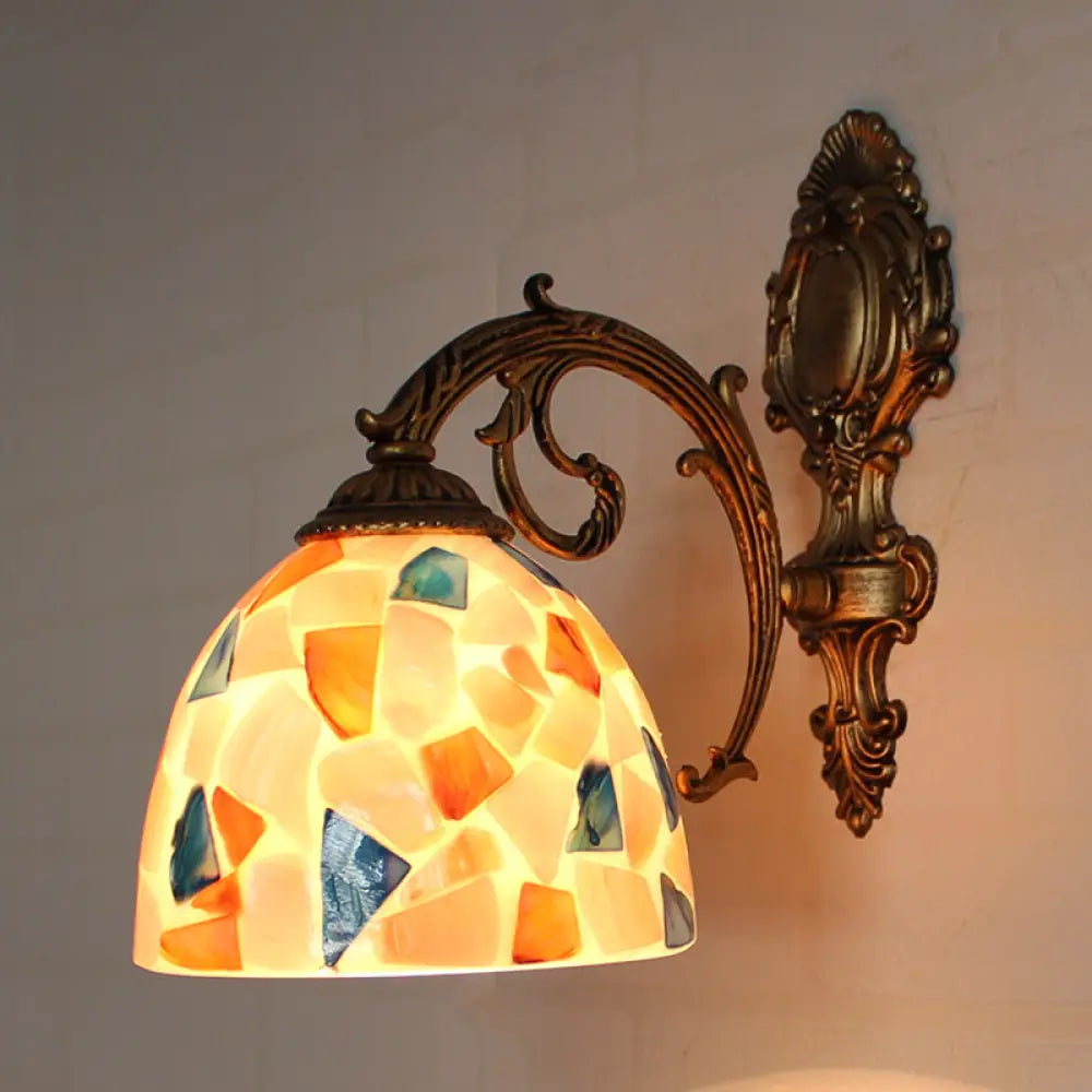 Brass Wall Sconce With Tiffany Mosaic Shell Shade - Bedroom Lighting Yellow-Blue