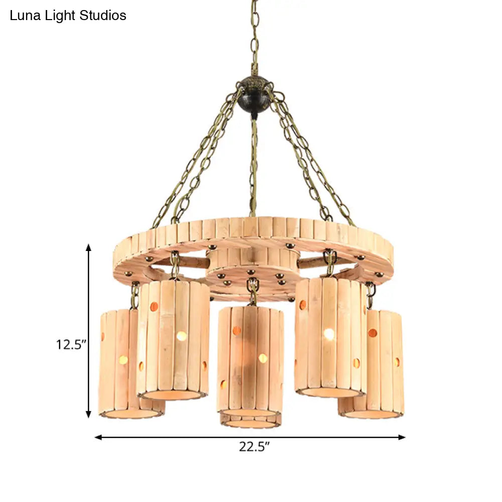 Brielle - Beige Etched Cylinder Hanging Chandelier Farmhouse Bamboo 6 Lights Restaurant Suspension