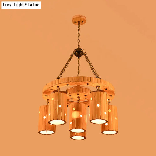 Brielle - Beige Etched Cylinder Hanging Chandelier Farmhouse Bamboo 6 Lights Restaurant Suspension