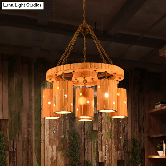 Brielle - Beige Etched Cylinder Hanging Chandelier Farmhouse Bamboo 6 Lights Restaurant Suspension