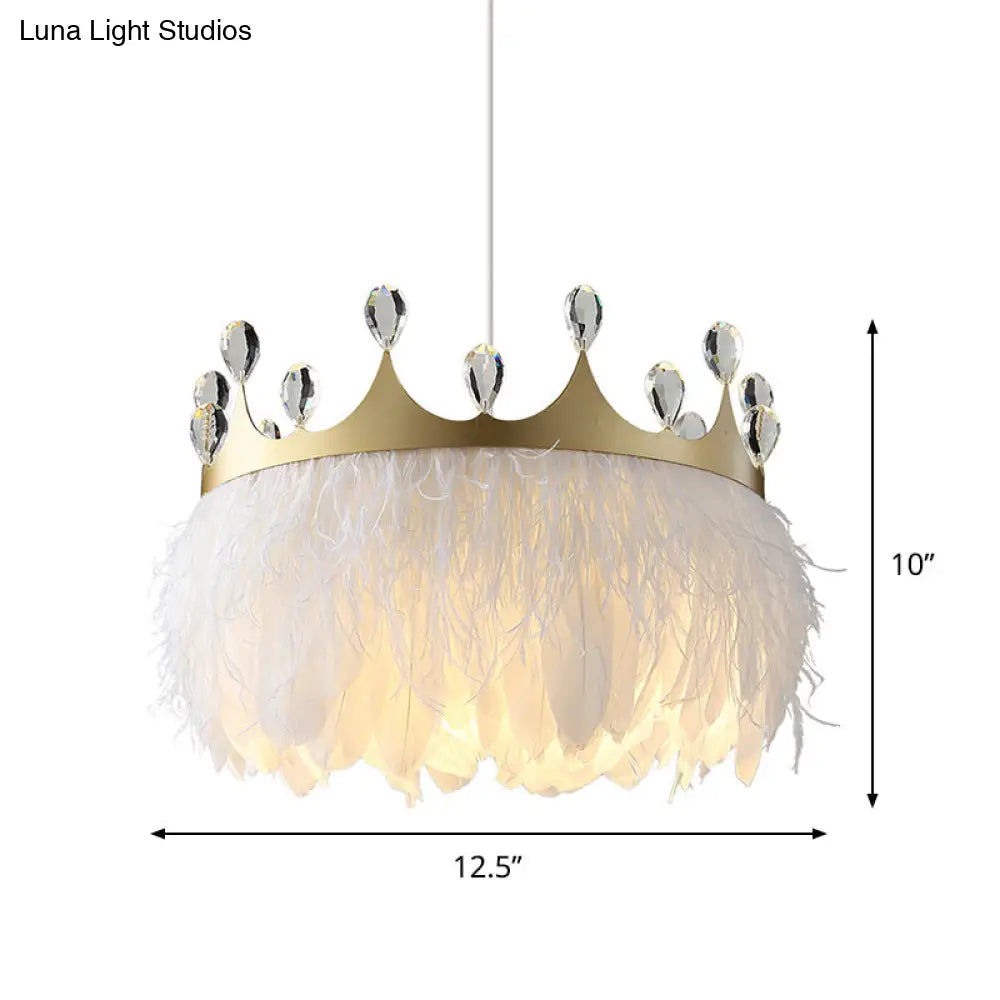 Nordic Crown Feather Pendant Light With Clear Crystal Accent - Gold