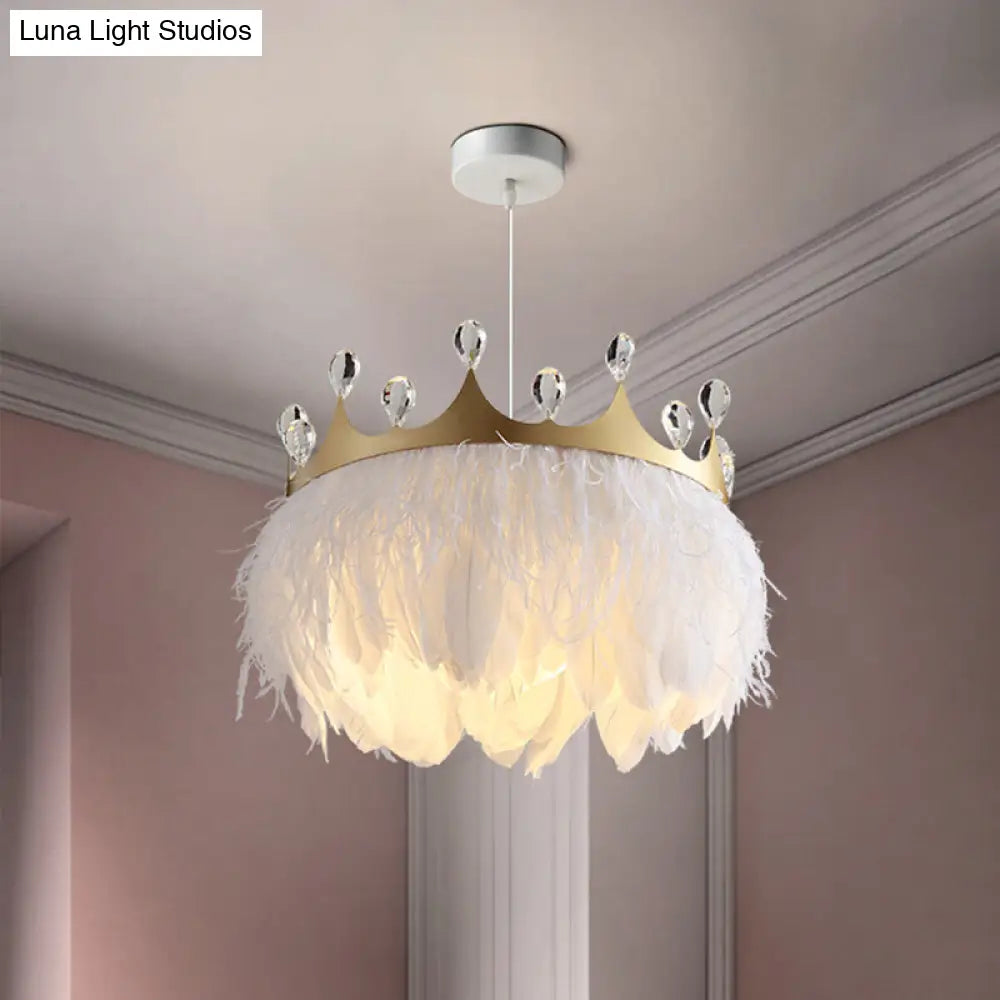 Nordic Crown Feather Pendant Light With Clear Crystal Accent - Gold