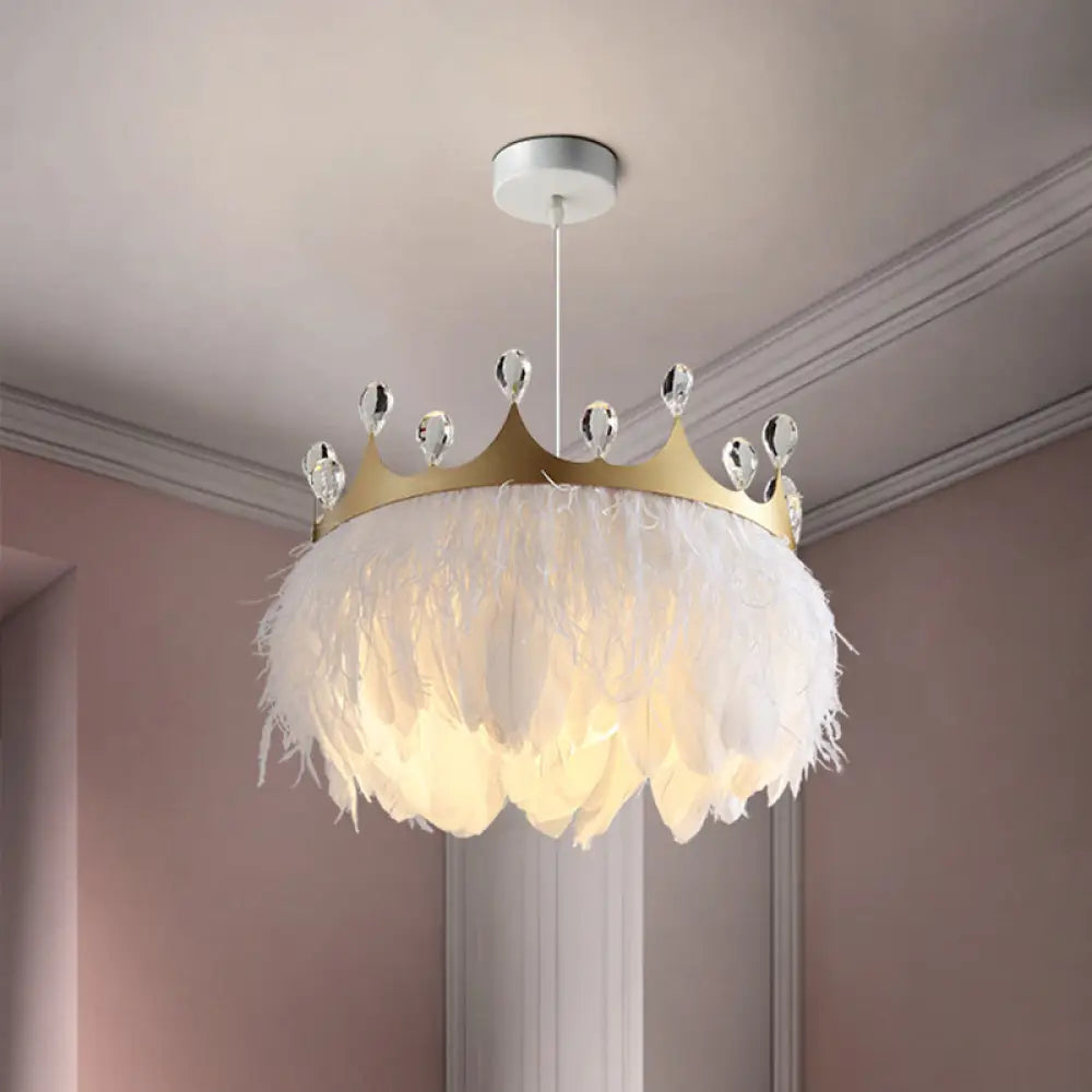 Bronte- Crown Feather Pendant Light Nordic 1 Head Gold Hanging Lamp With Clear Crystal Accent