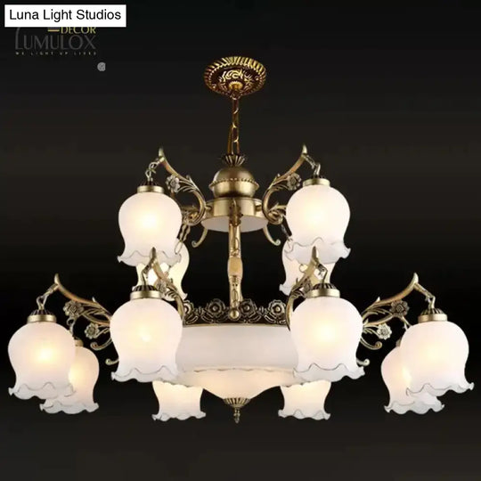 Bronze 15 Lights Chandelier Rural Opal Glass Tiered Flowerbud Shaped Drop Lamp For Restaurant