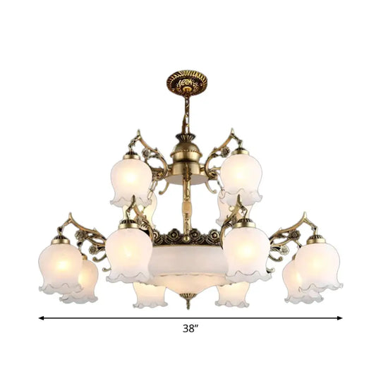 Bronze 15 Lights Chandelier Rural Opal Glass Tiered Flowerbud Shaped Drop Lamp For Restaurant