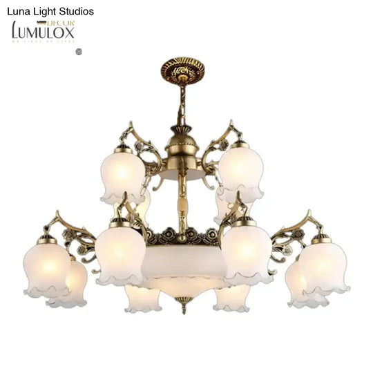 Bronze 15 Lights Chandelier Rural Opal Glass Tiered Flowerbud Shaped Drop Lamp For Restaurant