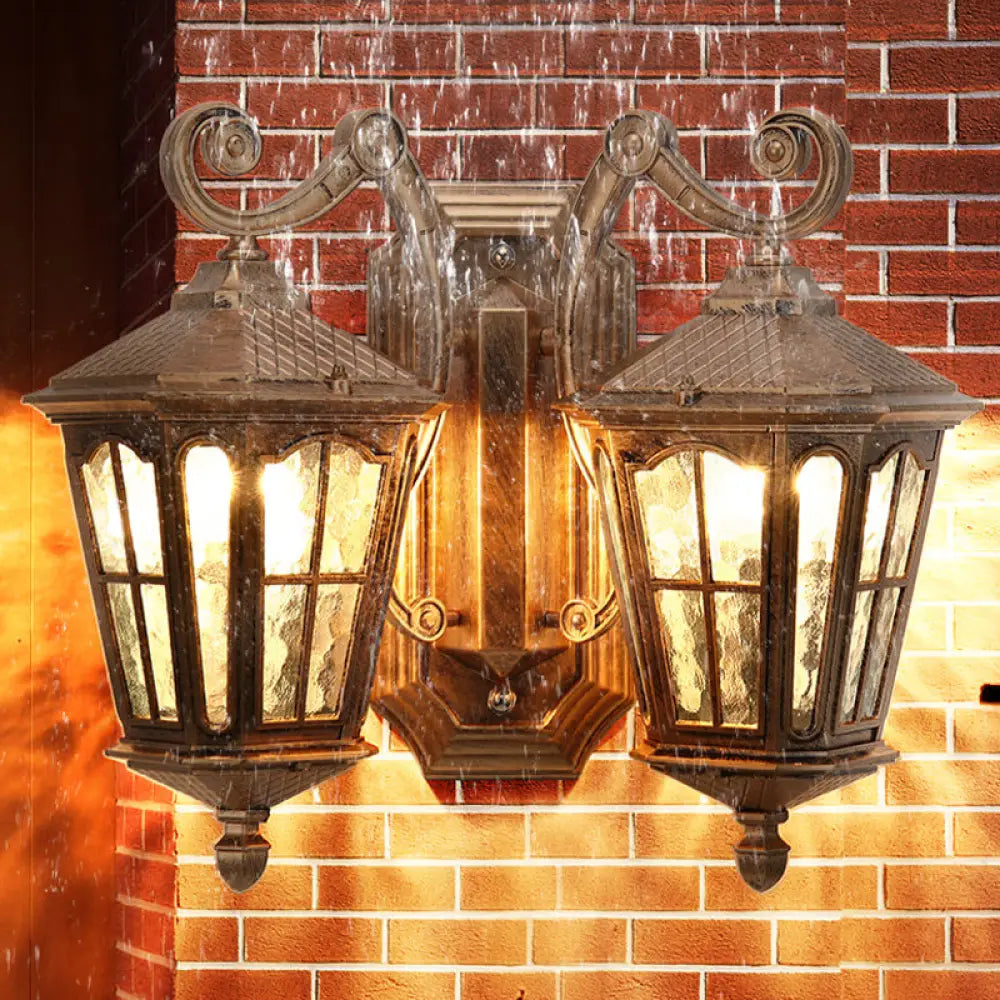 Bronze 2-Light Lodge Lantern Wall Lamp With Clear Water Glass Fixture