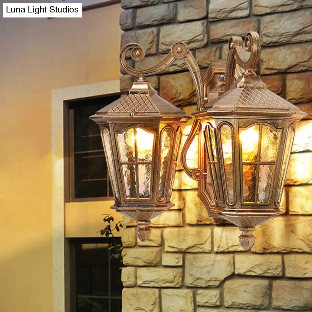 Bronze 2-Light Lodge Lantern Wall Lamp With Clear Water Glass Fixture