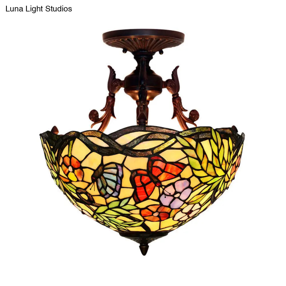 Bronze 3-Light Semi Flush Ceiling Light With Beige/Red/Yellow Mediterranean Glass Shade For Living