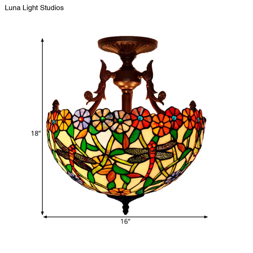 Bronze 3-Light Semi Flush Ceiling Light With Mediterranean Beige/Red/Yellow Glass Shade For Living