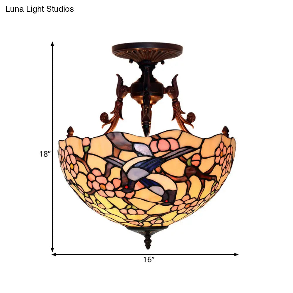 Bronze 3-Light Semi Flush Ceiling Light With Mediterranean Beige/Red/Yellow Glass Shade For Living