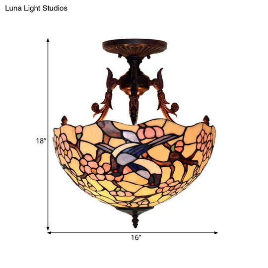 Bronze 3-Light Semi Flush Ceiling Light With Mediterranean Beige/Red/Yellow Glass Shade For Living