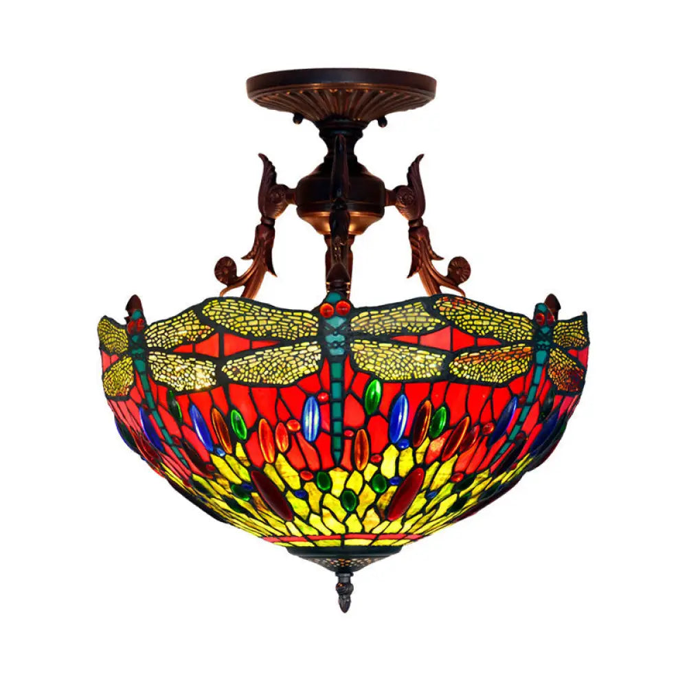 Bronze 3-Light Semi Flush Ceiling Light With Mediterranean Beige/Red/Yellow Glass Shade For Living