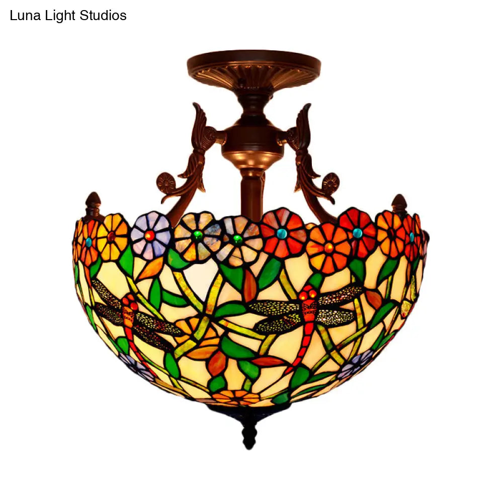 Bronze 3-Light Semi Flush Ceiling Light With Mediterranean Beige/Red/Yellow Glass Shade For Living