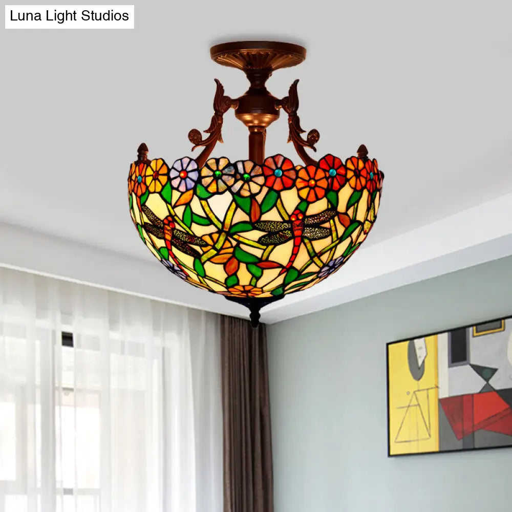 Bronze 3-Light Semi Flush Ceiling Light With Mediterranean Beige/Red/Yellow Glass Shade For Living