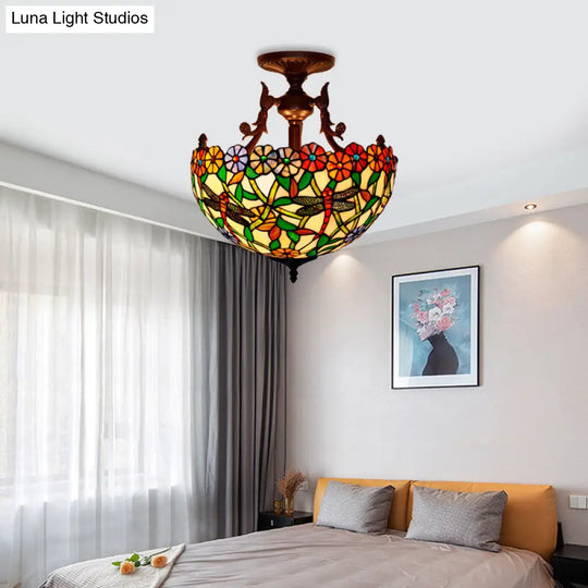 Bronze 3-Light Semi Flush Ceiling Light With Beige/Red/Yellow Mediterranean Glass Shade For Living