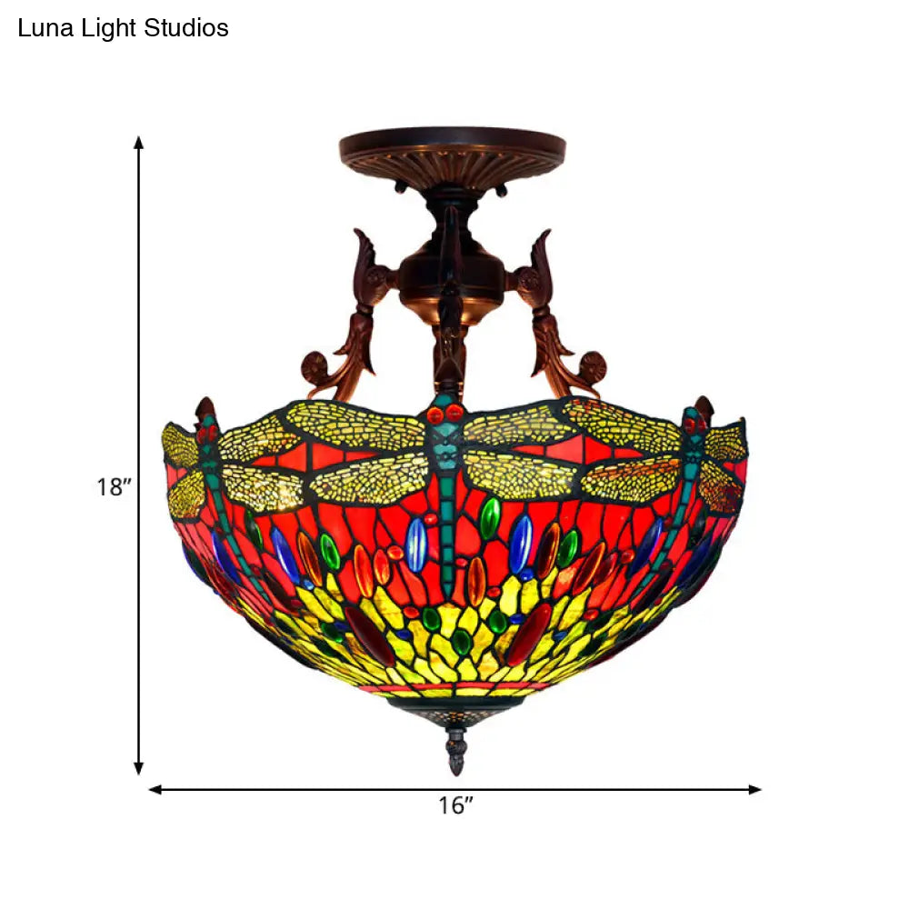 Bronze 3-Light Semi Flush Ceiling Light With Mediterranean Beige/Red/Yellow Glass Shade For Living