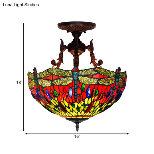 Bronze 3-Light Semi Flush Ceiling Light With Mediterranean Beige/Red/Yellow Glass Shade For Living